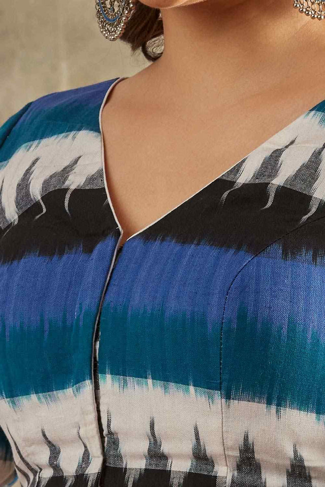 Blue Cotton Printed Elbow Sleeves Blouse