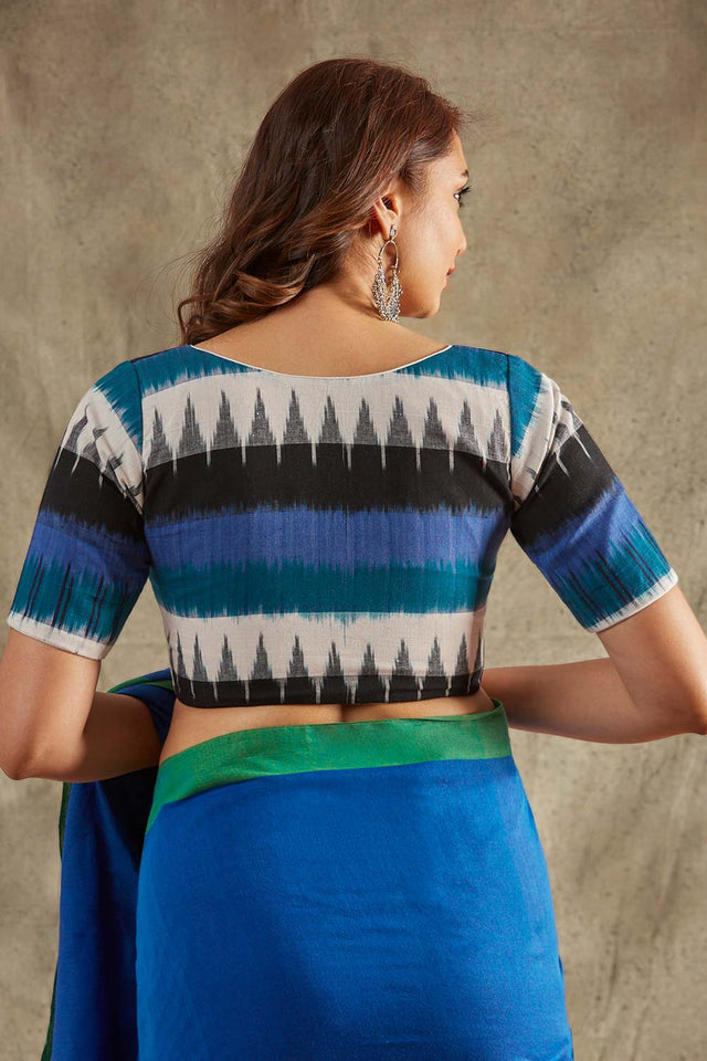 Blue Cotton Printed Elbow Sleeves Blouse