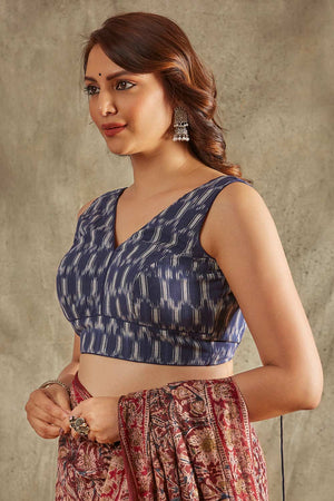 Blue Cotton Printed Elbow Length Blouse