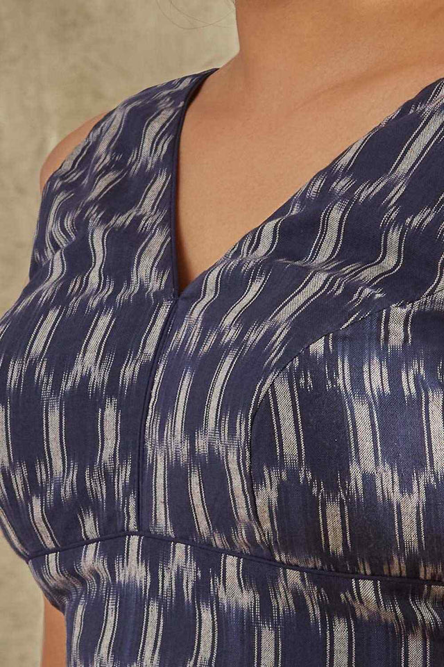 Blue Cotton Printed Elbow Length Blouse