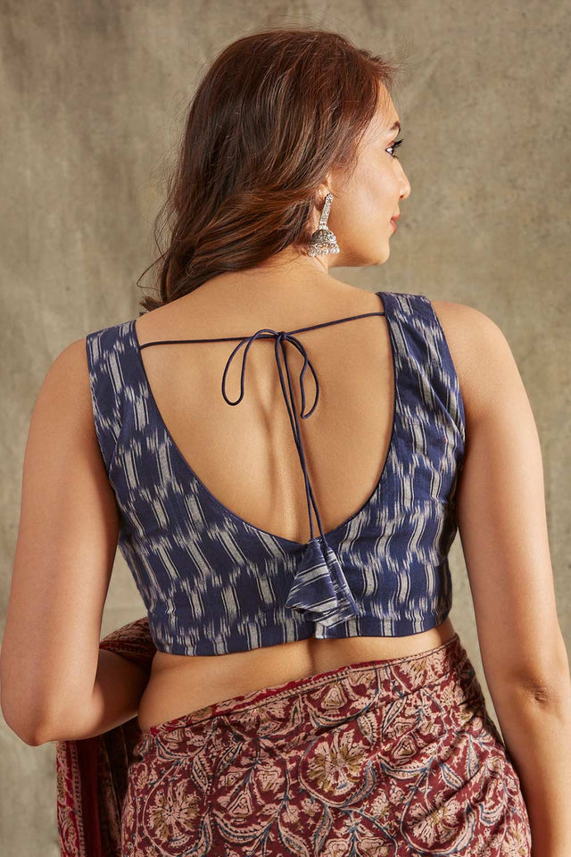 Blue Cotton Printed Elbow Length Blouse