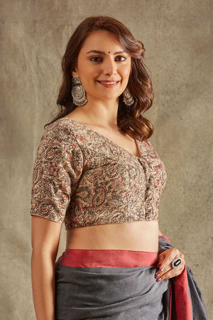 Beige Cotton Printed Elbow Length Blouse