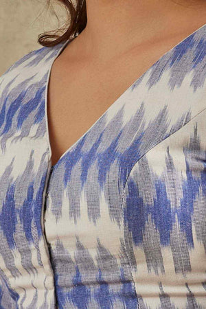 Blue Cotton Printed Elbow Length Blouse