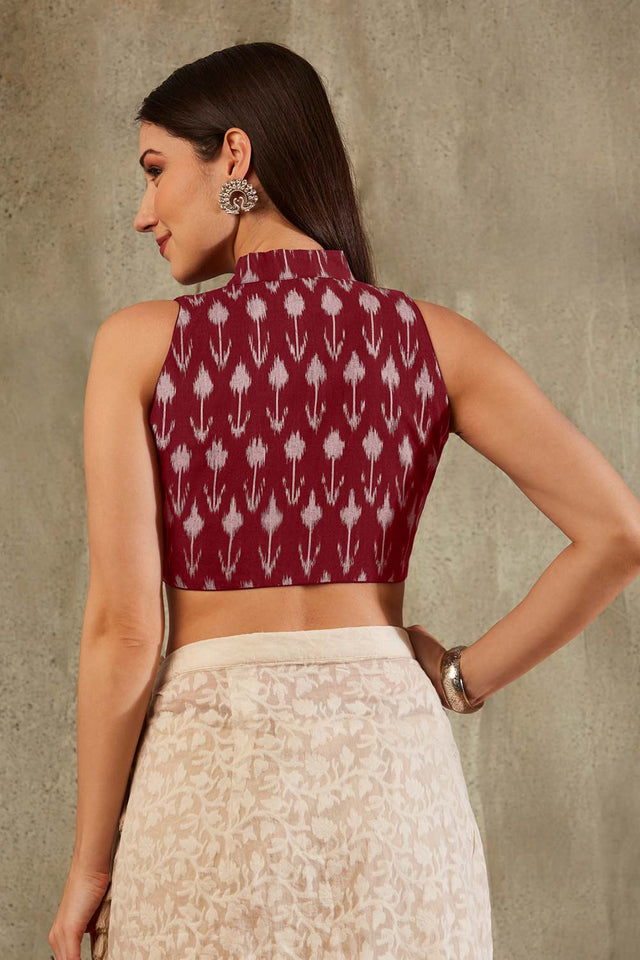 Maroon Cotton Printed Sleeveless Blouse