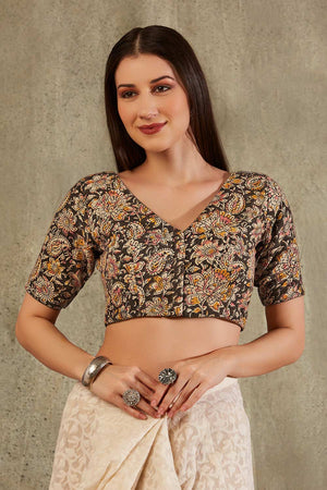 Beige Cotton Printed Elbow Length Blouse
