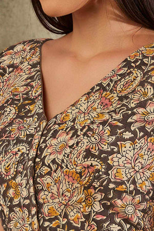 Beige Cotton Printed Elbow Length Blouse