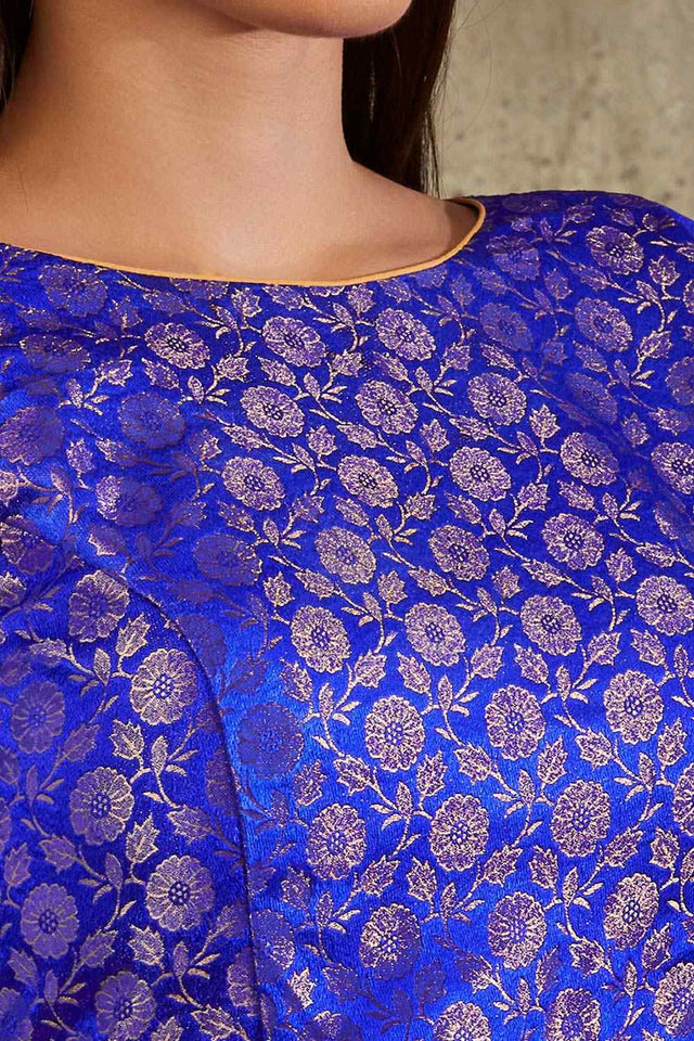Royal Blue Brocade Woven Design Elbow Sleeves Blouse