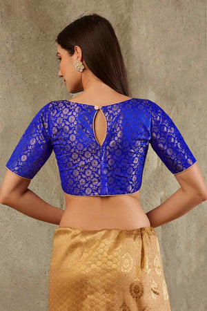 Royal Blue Brocade Woven Design Elbow Sleeves Blouse