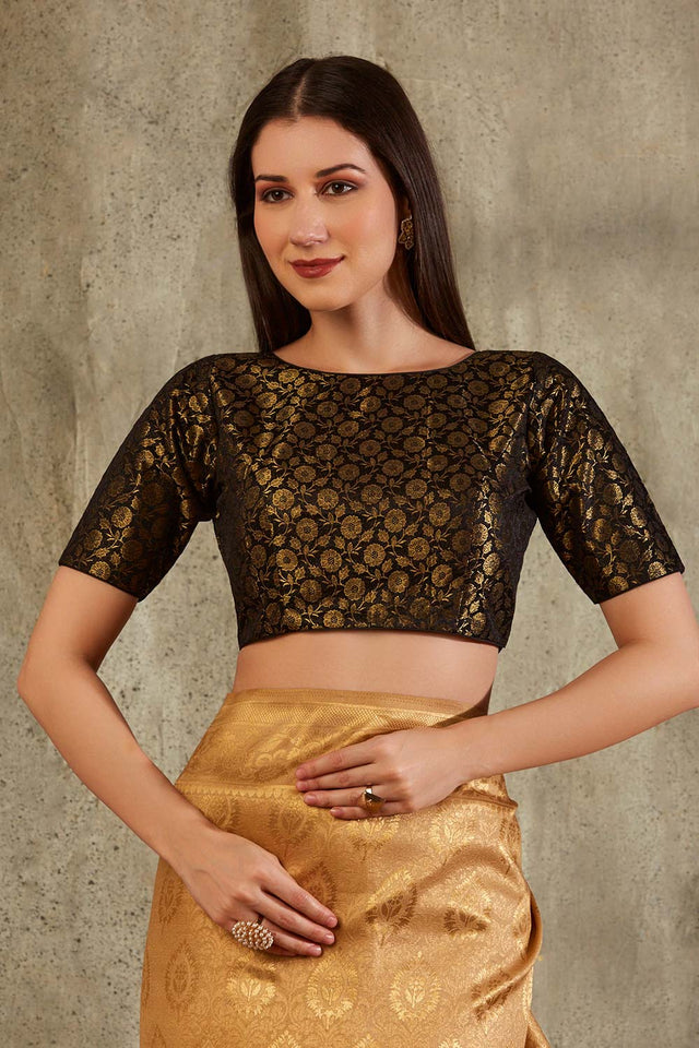 Black Brocade Woven Design Elbow Sleeves Blouse