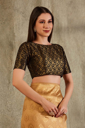 Black Brocade Woven Design Elbow Sleeves Blouse