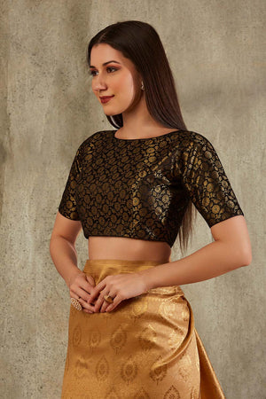 Black Brocade Woven Design Elbow Sleeves Blouse