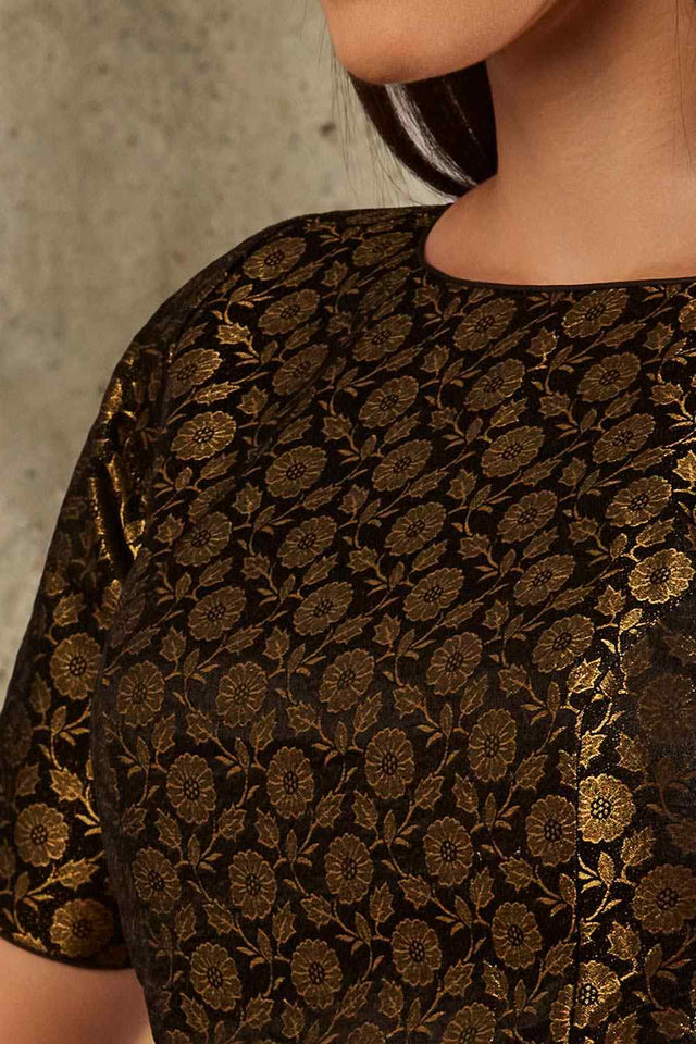 Black Brocade Woven Design Elbow Sleeves Blouse