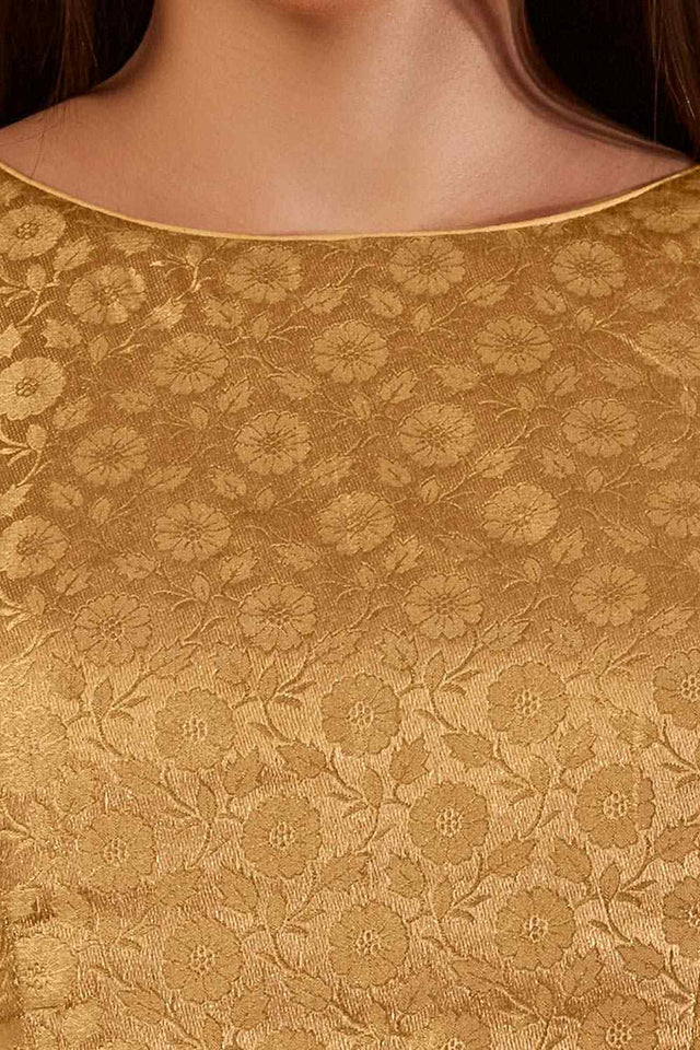 Gold Brocade Woven Design Elbow Sleeves Blouse