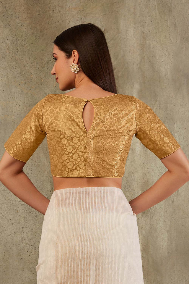 Gold Brocade Woven Design Elbow Sleeves Blouse