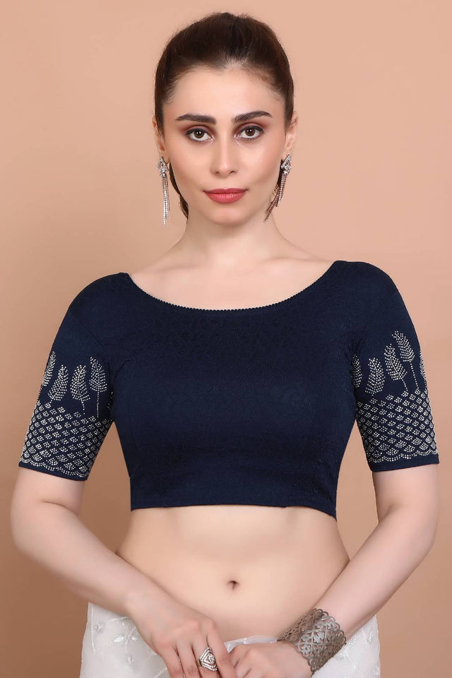 Blue Embellished Lycra Blouse