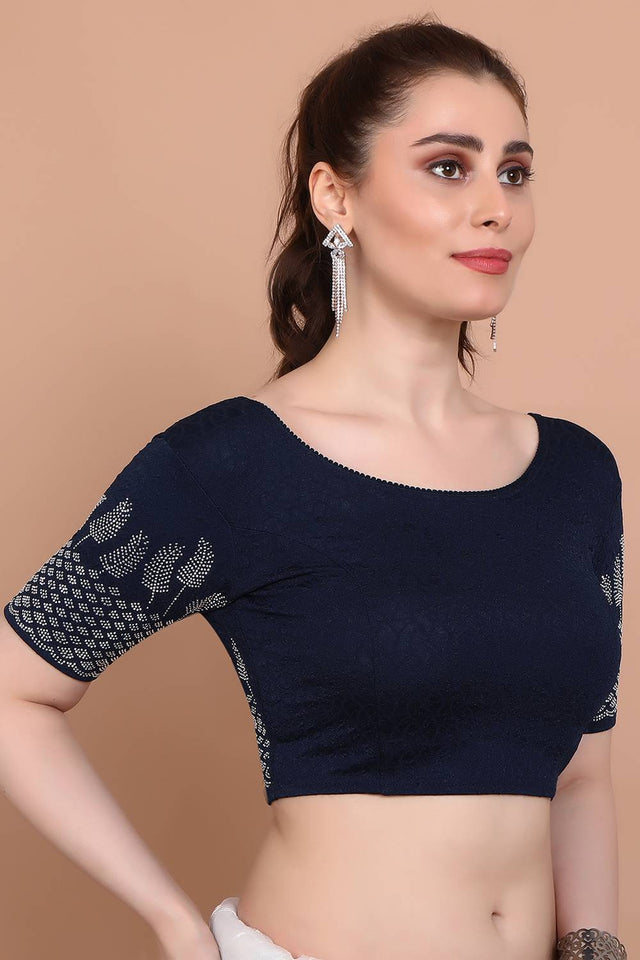 Blue Embellished Lycra Blouse