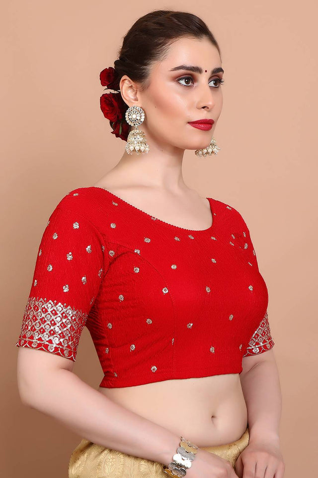 Red Embroidered Lycra Blouse