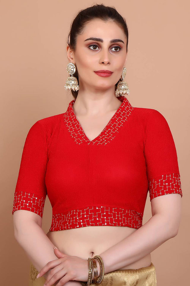Red Embroidered Lycra Blouse