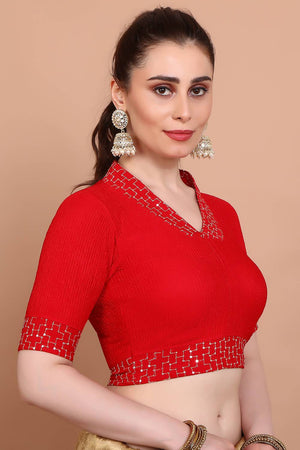 Red Embroidered Lycra Blouse