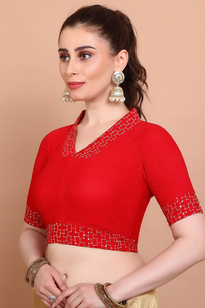 Red Embroidered Lycra Blouse
