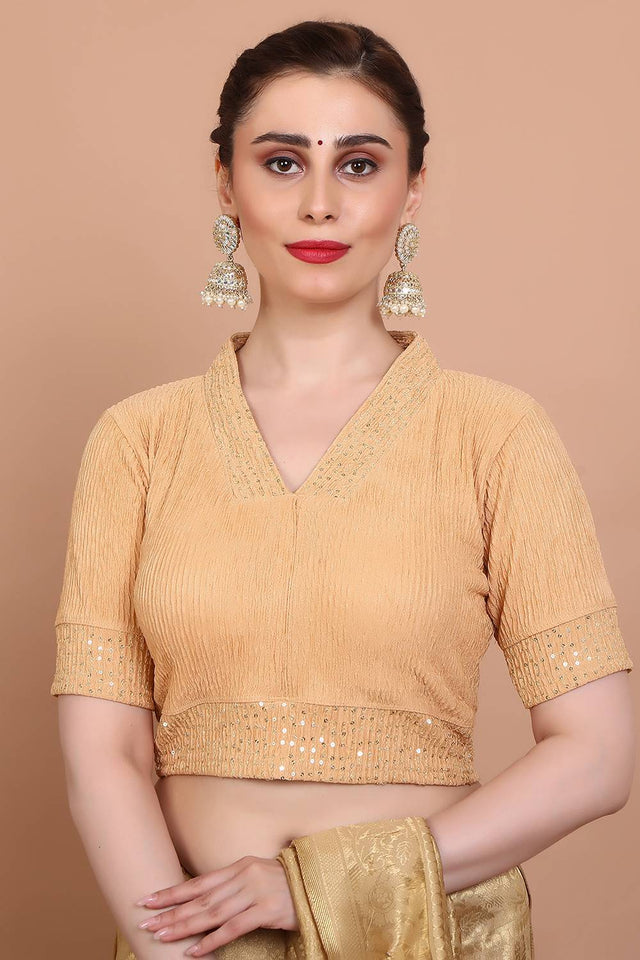Beige Embroidered Lycra Blouse