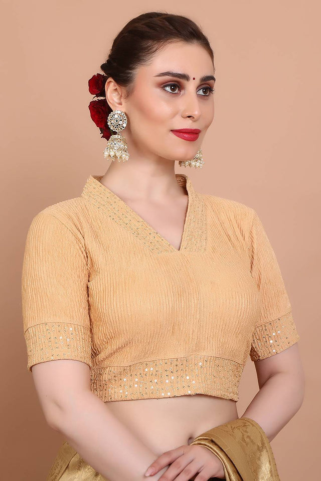 Beige Embroidered Lycra Blouse