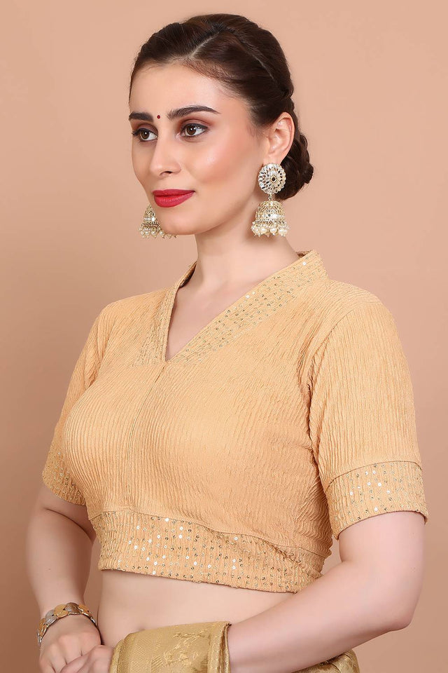 Beige Embroidered Lycra Blouse
