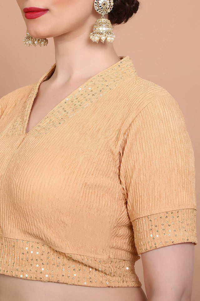 Beige Embroidered Lycra Blouse