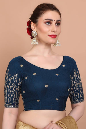 Blue Embroidered Lycra Blouse (RF-0138-BLUE)
