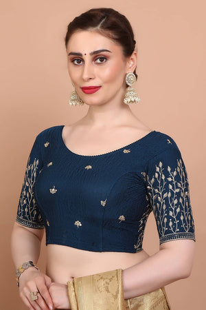 Blue Embroidered Lycra Blouse (RF-0138-BLUE)