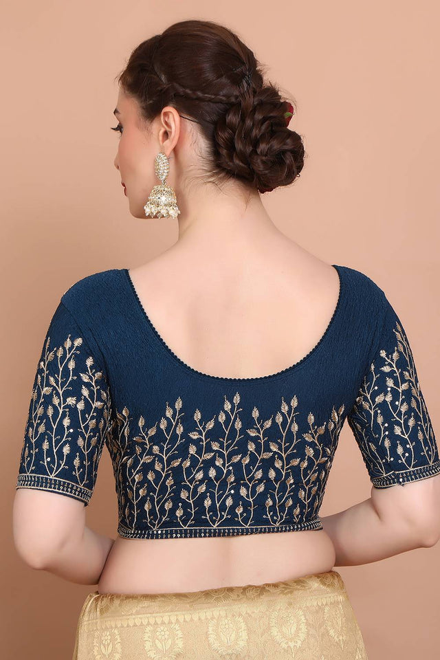 Blue Embroidered Lycra Blouse (RF-0138-BLUE)
