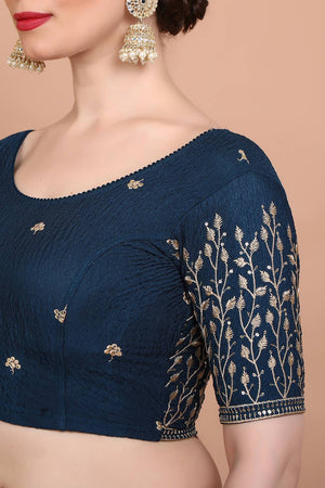 Blue Embroidered Lycra Blouse (RF-0138-BLUE)