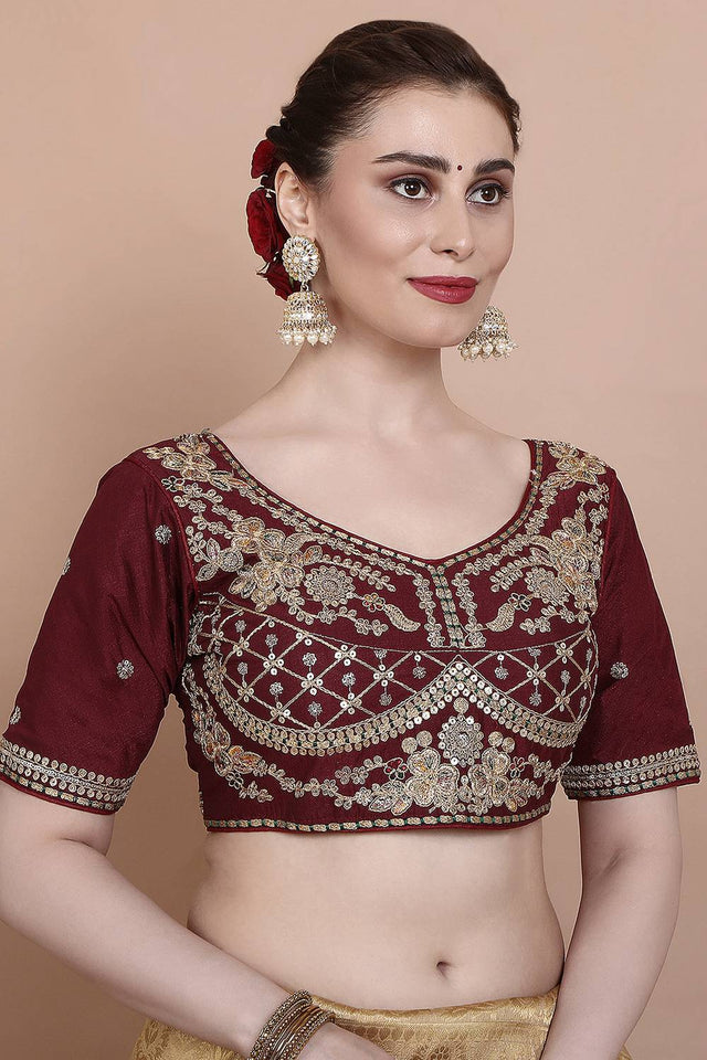 Maroon Embroidered Silk Blouse