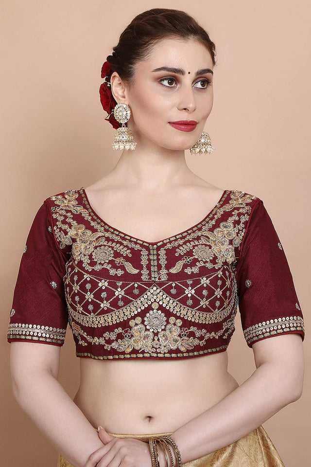 Maroon Embroidered Silk Blouse