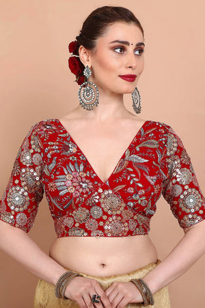 Red Embroidered Georgette Blouse