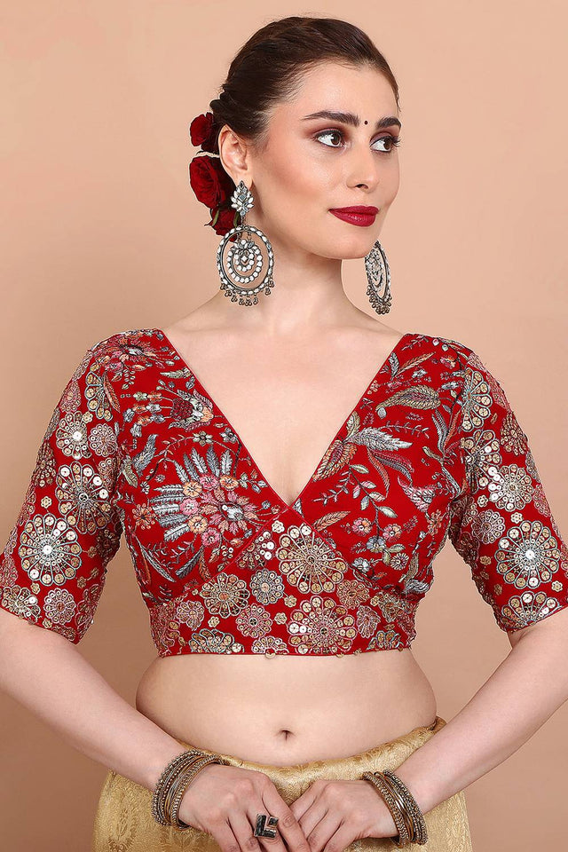 Red Embroidered Georgette Blouse