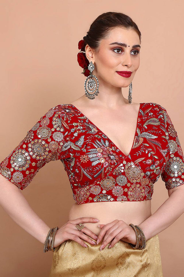Red Embroidered Georgette Blouse