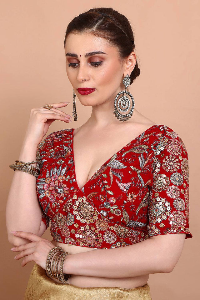 Red Embroidered Georgette Blouse