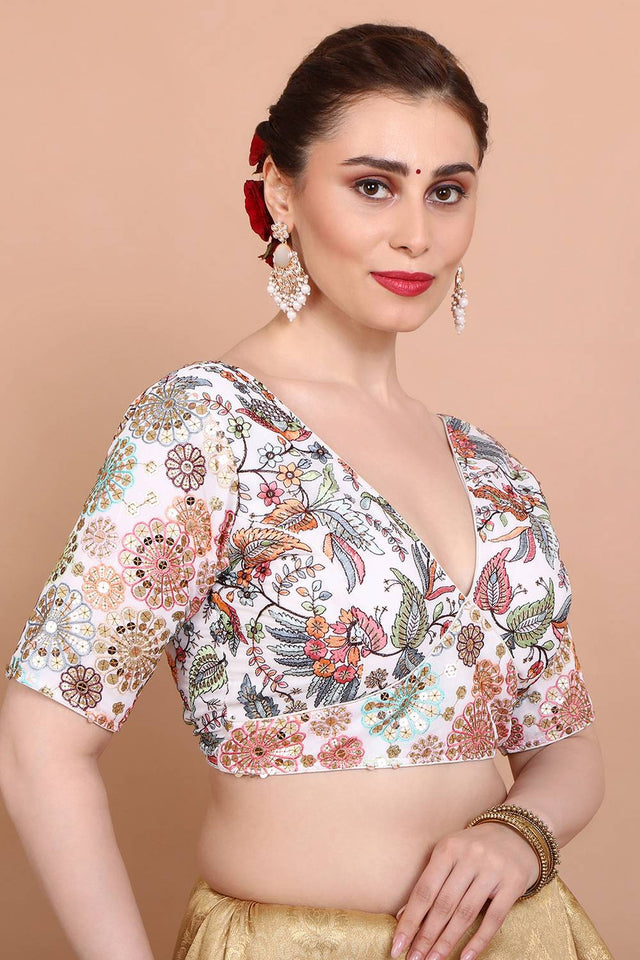 Off White Embroidered Georgette Blouse