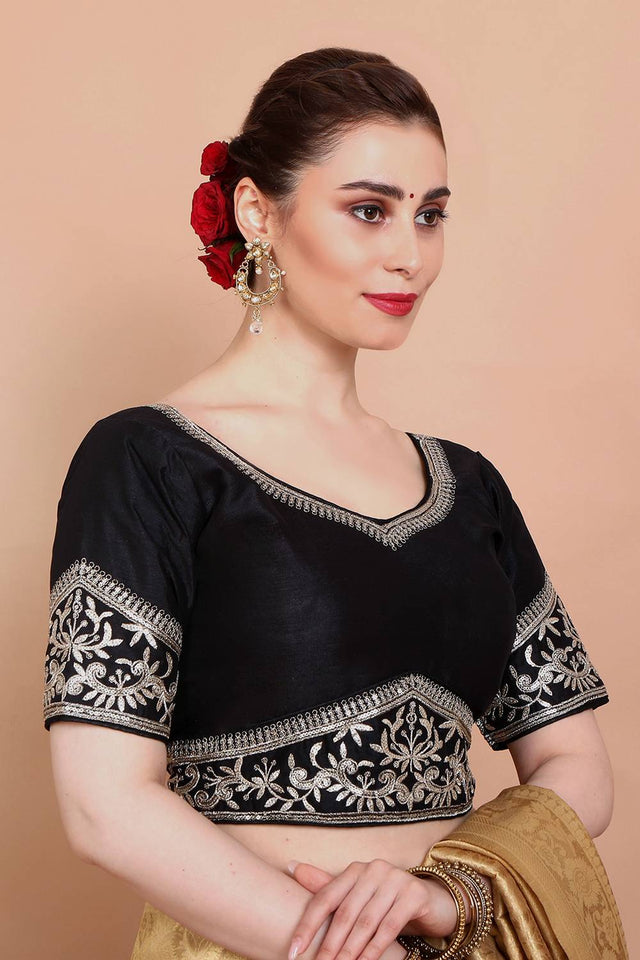 Black Embroidered Silk Blouse