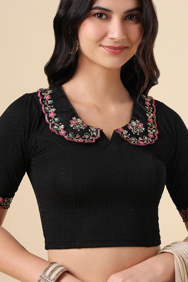 Black Embroidered Lycra Blouse (RF-0287-BLCK)