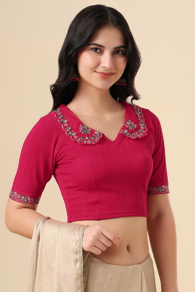 Pink Embroidered Lycra Blouse (RF-0289-PINK)