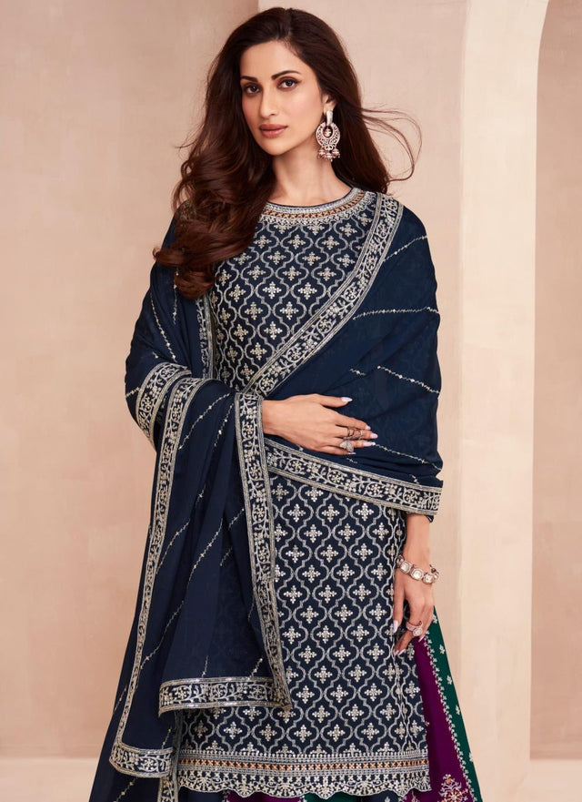 Women's Blue Embroidered Chinon Gharara Sharara Suit Set
