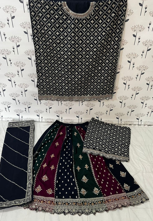 Women's Blue Embroidered Chinon Gharara Sharara Suit Set