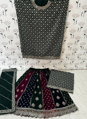 Women's Green Embroidered Chinon Gharara Sharara Suit Set