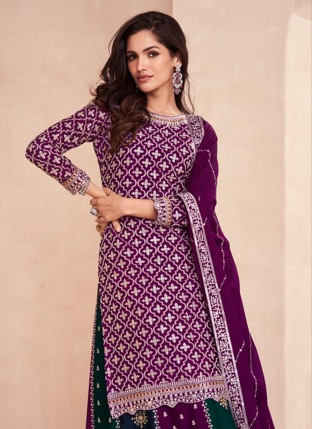 Women's Purple Embroidered Chinon Gharara Sharara Suit Set