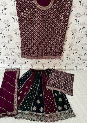 Women's Purple Embroidered Chinon Gharara Sharara Suit Set