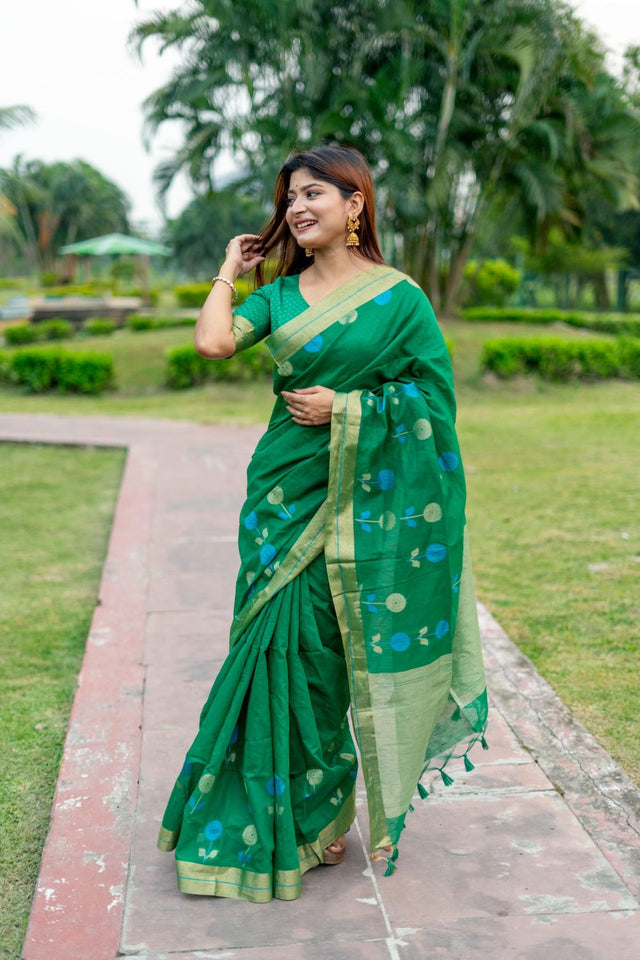 Women's Green Pure Linen Silk Jamdani Woven Saree