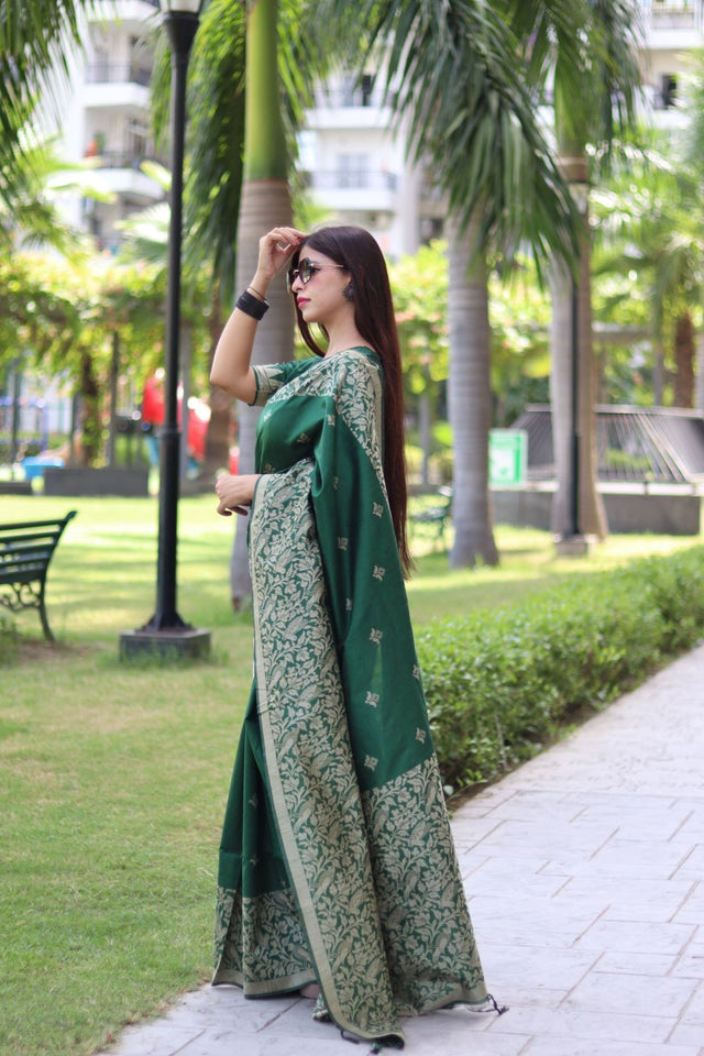 Women's Green Banglori Raw Silk Woven Saree