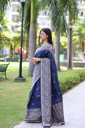 Women's Blue Banglori Raw Silk Woven Saree